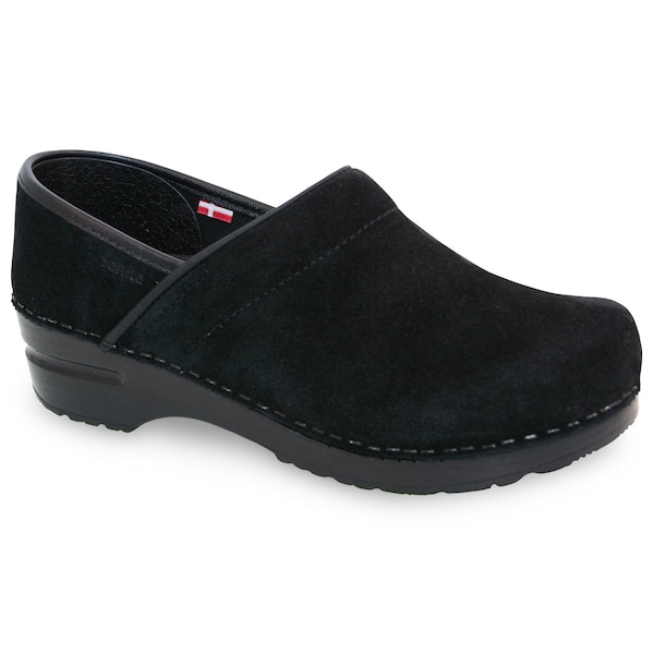 Women's Closed Back Clog, Suede leather Upper, Polyurethane Outsole, Black, Size 4.5-5 M